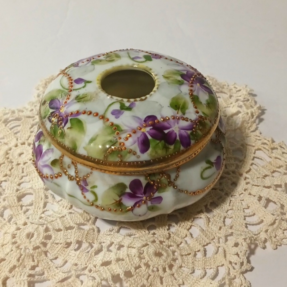 Antique 1891 Nippon Hair Receiver In The Maple Leaf And Gold Beaded Design